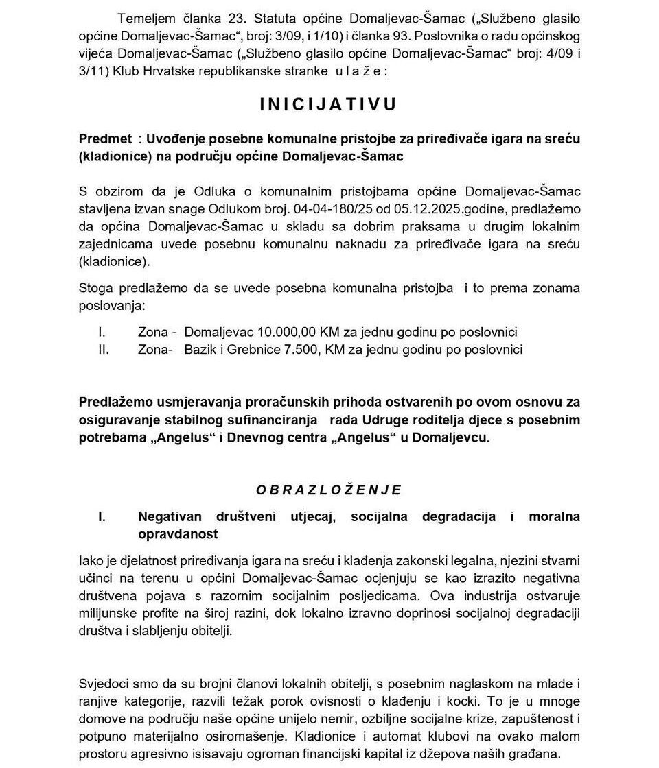 Tekst inicijative Republikanske stranke u OV Domaljevac-Šamac - prva stranica.
